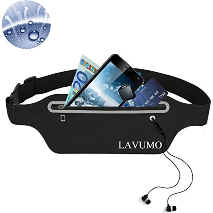 LAVUMO Sport Hüfttasche Lauftasche Jogging Laufgürtel für Smartphones unter 7,0", anti-schweiß, verstellbarer elastischer Gürtel, inkl. Kopfhöreranschluss und reflektierenden Streifen