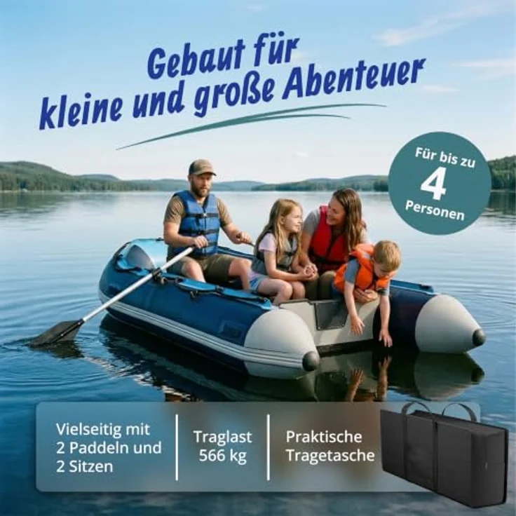 relaxdays Schlauchboot 3,20 M für 4 Personen, robustes PVC, mit Aluminiumboden und stabilen Luftkammern, blau/weiß – Bild 2