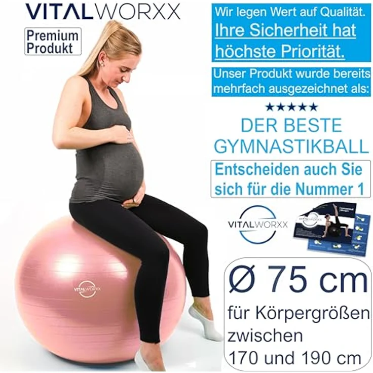 VITALWORXX Gymnastikball für Schwangere, 75 cm, extrem stabil, rosa, mit Pumpe und Übungen für Schwangerschaft, Geburt und Gesundheit – Bild 4