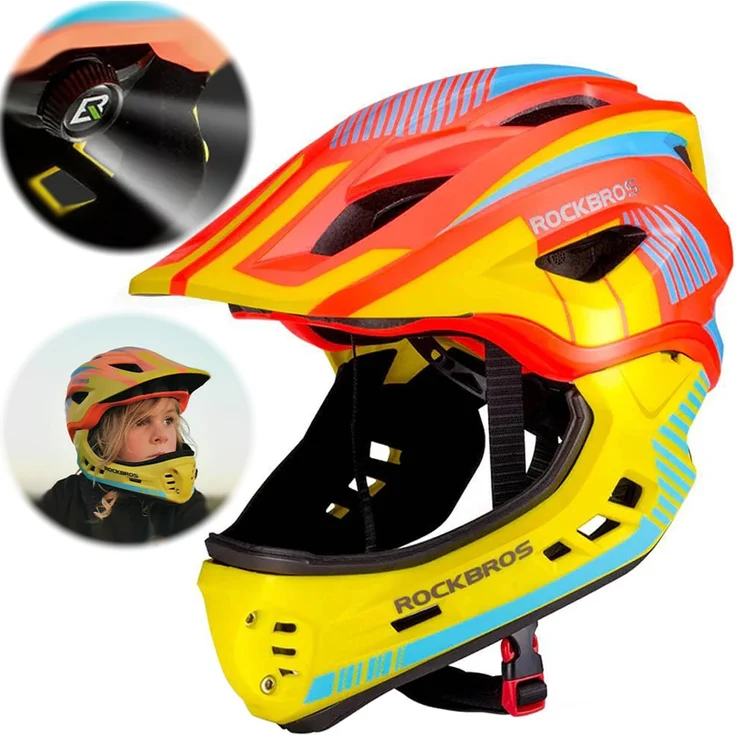 ROCKBROS TT-32SOYB-M, Kinderfahrradhelm mit abnehmbarem Maul und verstellbarem 360°-Einstellknopf, Gelb-Orange
