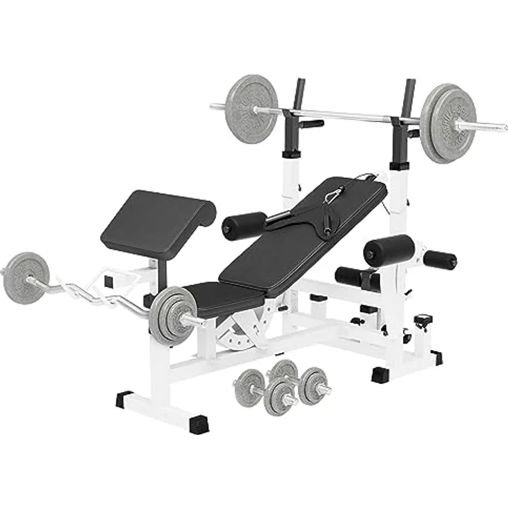 GORILLA SPORTS® Hantelbank mit Gewichten- inkl. 108 kg Hantelset, Verstellbar, mit Langhantel-Ablage, Curlpult und Butterfly, Dip-Station, Beinstrecker - Multifunktion Trainingsbank, Kraftstation, Schwarz