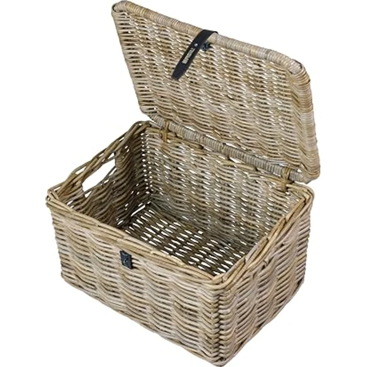 Basil DAX L Rattan Fahrradkorb, Rechteckiger Aufbewahrungskorb mit Deckel und Kunstledergriffen, Grau, Handgeflochten, 30 l Volumen – Bild 5