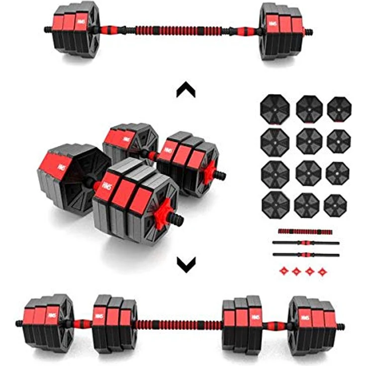 HMS Fitness Hanteln + Langhantel Set, komplett mit 20 kg Zement-Trainingsgewichten, PVC und Eisen, Gesamtlänge 105,9 cm – Bild 1