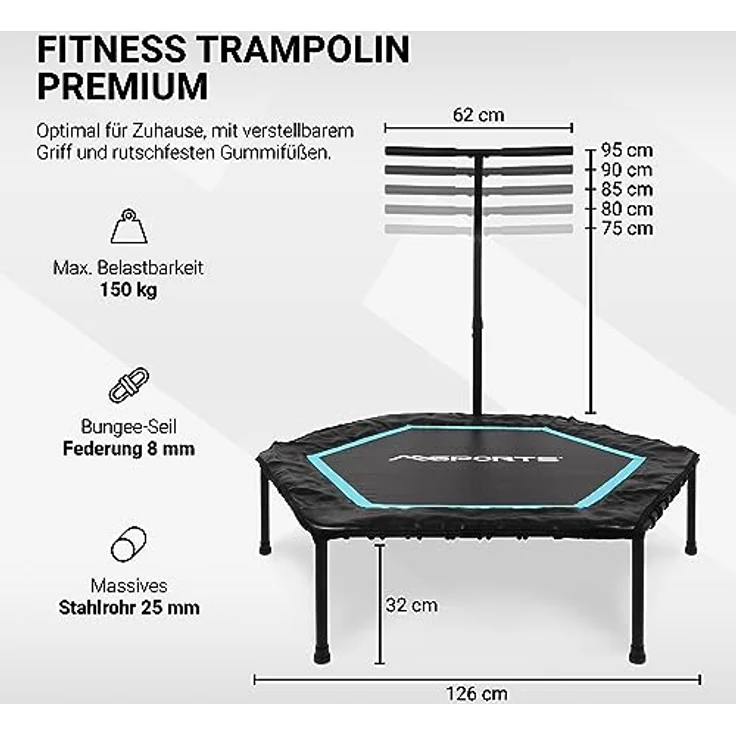 Fitness Trampolin Premium mit Klappfunktion und Haltestange für Indoor und Outdoor | mit Höhenverstellung 150 kg Belastbarkeit | Fitnessstudio oder zu Hause (Blau) – Bild 2
