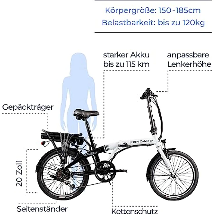 ZÜNDAPP Z120 20 Zoll E Bike Faltrad klappbar Damen Herren Elektrofahrrad Schwarz/Weiß, 7-Gang-Schaltung, StVZO-konform – Bild 2
