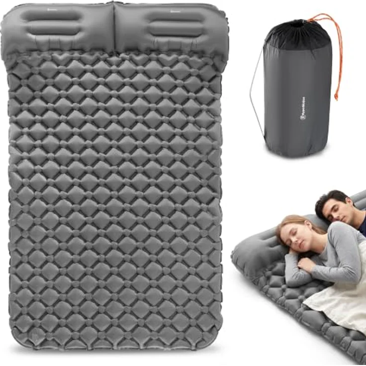 HyperMotion Campmat 2, ultraleichte Isomatte für 2 Personen, 190x120 cm, grau, mit integrierten Kopfkissen und schnellem Mundaufblasen – Bild 1