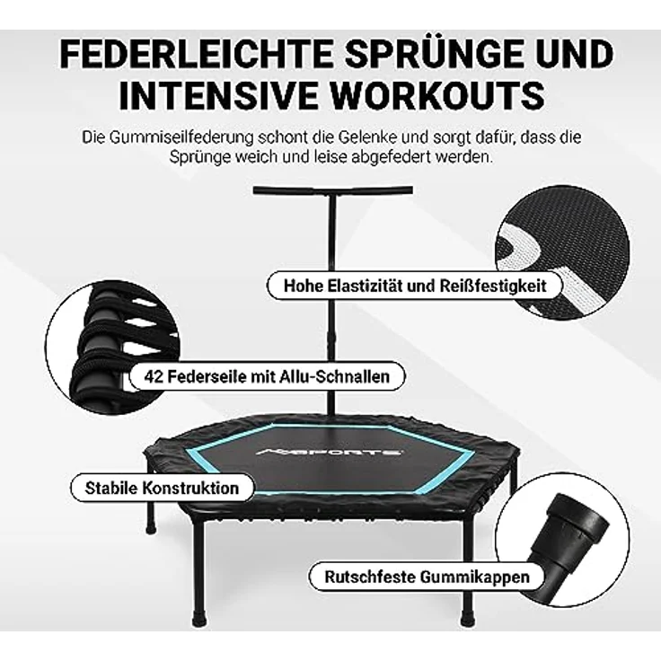 Fitness Trampolin Premium mit Klappfunktion und Haltestange für Indoor und Outdoor | mit Höhenverstellung 150 kg Belastbarkeit | Fitnessstudio oder zu Hause (Blau) – Bild 4
