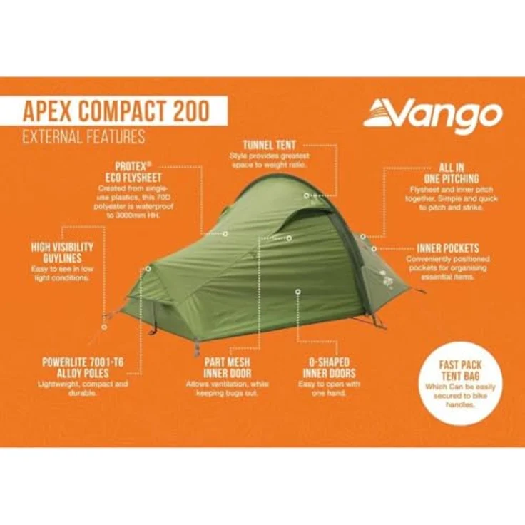 Vango Apex Compact 200 Zelt, Tunnelzelt für 2 Personen, leicht, wasserfest, Forest Green (2025) – Bild 4