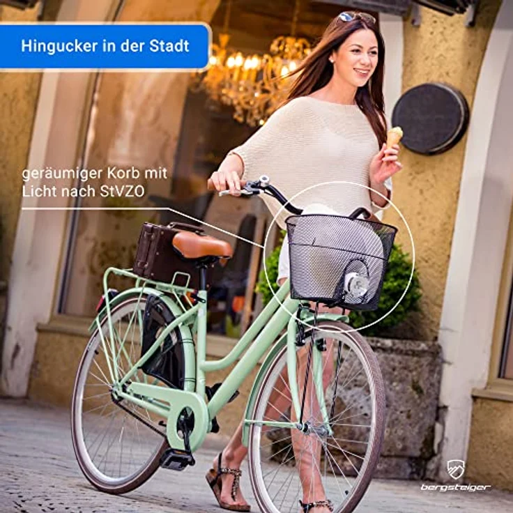 Bergsteiger Amsterdam Damenfahrrad 26 Zoll, 28 Zoll, ab 150 cm, mit Korb, Fahrrad-Licht, Rücktrittbremse - Retro-Design, blau – Bild 3