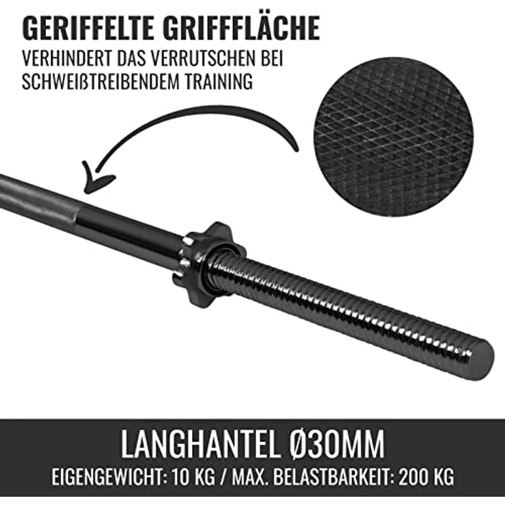 GORILLA SPORTS® Langhantelstange - 170cm, mit 2 Sternverschlüssen, 30mm, bis 200kg belastbar, Griff gerändelt, rutschfest, Chrom, Silber/Schwarz - Hantelstange, Langhanteln, Langhantel-Stange – Bild 3