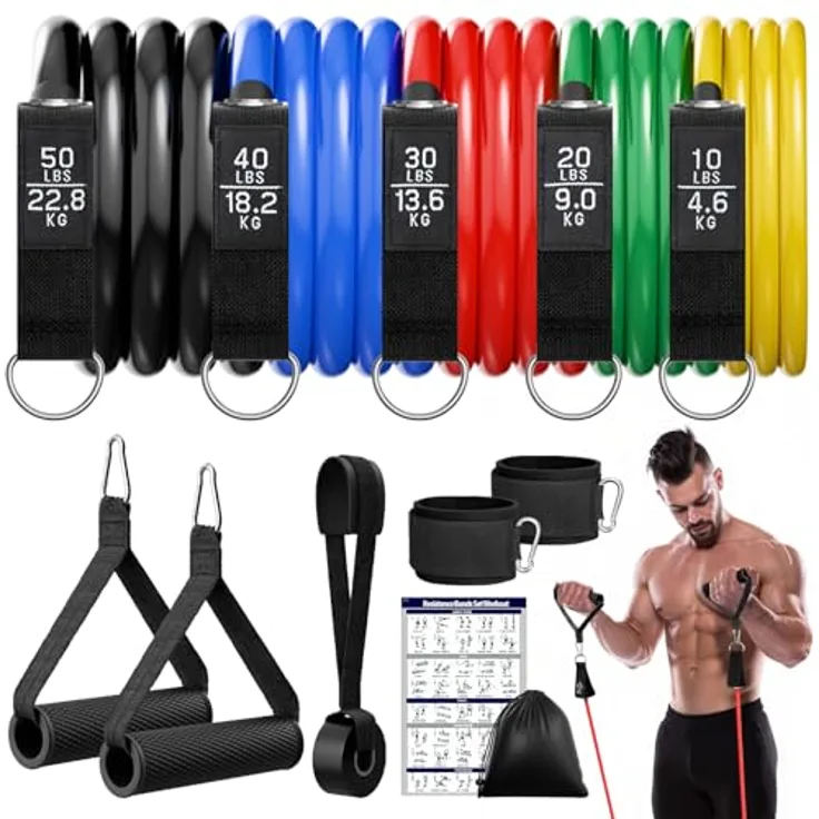 Fokky Fitnessbänder Resistance Bands Set, 5 Widerstandsbänder mit Türanker, 2 Griffen und Knöchelriemen, schwarz/blau/rot/grün/gelb, für Muskelaufbau und Krafttraining