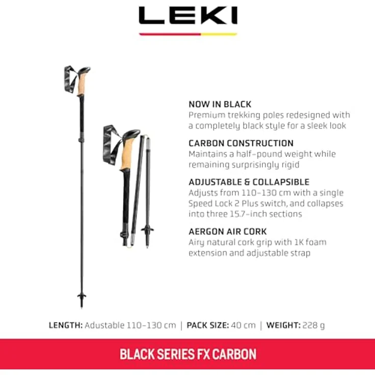 LEKI Black Series FX Carbon Stöcke, 4-teilig faltbar, verstellbar, für Bergsteigen und Trekking, Black-naturalcarbon, 110-130cm – Bild 3