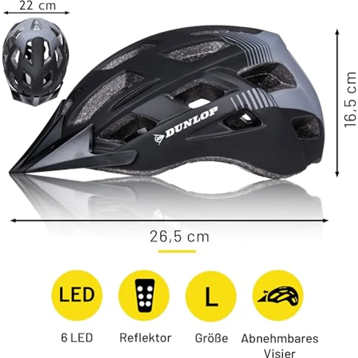 Dunlop Fahrradhelm Größe L, verstellbar 58-61 cm, mit LED-Beleuchtung und 3 Lichtmodi, Schwarz – Bild 2