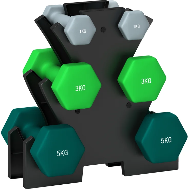 SPORTNOW Hanteln Set 6 Kurzhanteln, 2 x 1kg, 2 x 3kg, 2 x 5kg, mit Hantelständer, sechseckiges Design, grau/grün/türkis, ideal für Fitness und Zuhause