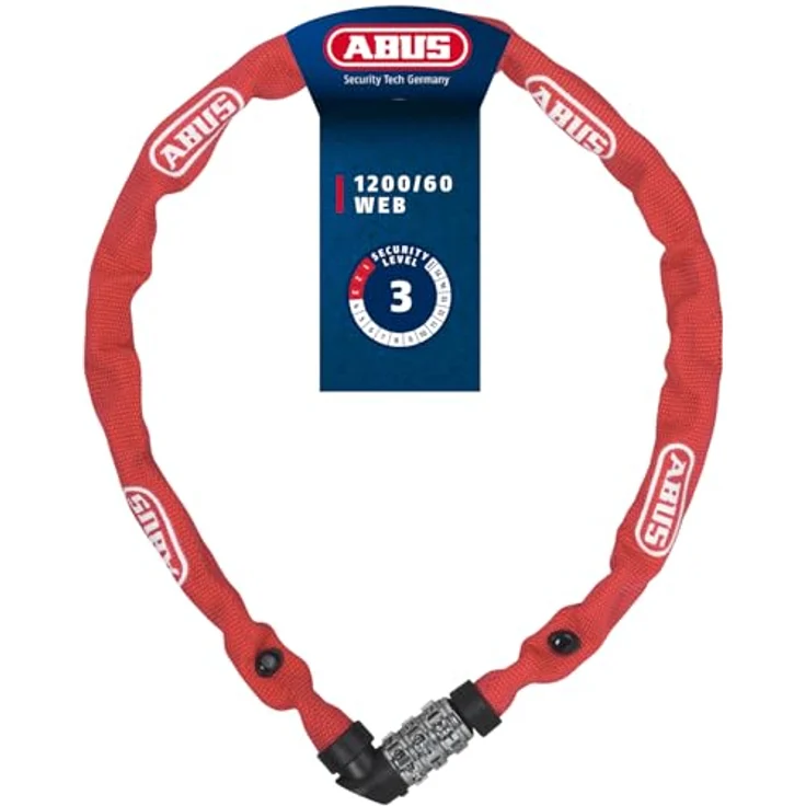 ABUS Kettenschloss 1200 Web, Zahlenschloss mit 3-stelliger Kombination, 60 cm, gehärteter Stahl, leichter Fahrradzubehör, Rot – Bild 1