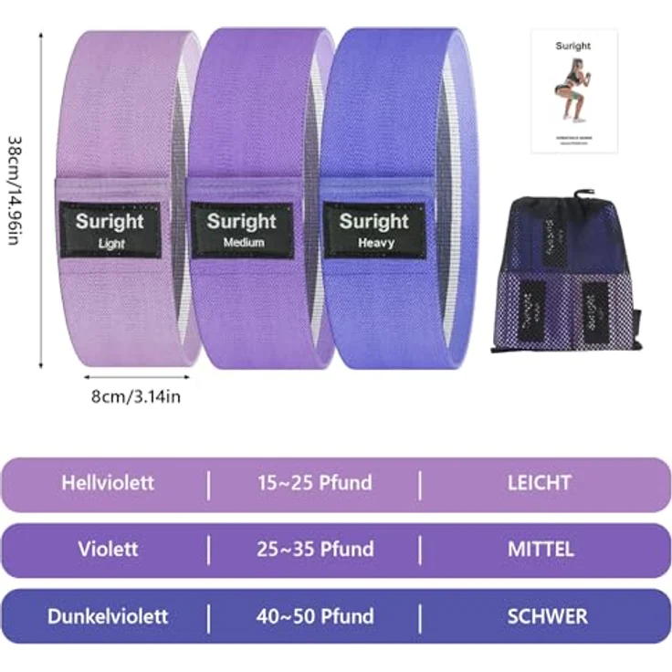 Suright Fitnessbänder Set, 3-Level Resistance Bands, rutsch- und schweißfest für Kraft- und Flexibilitätstraining, Hellviolett, Lila, Dunkelviolett – Bild 2