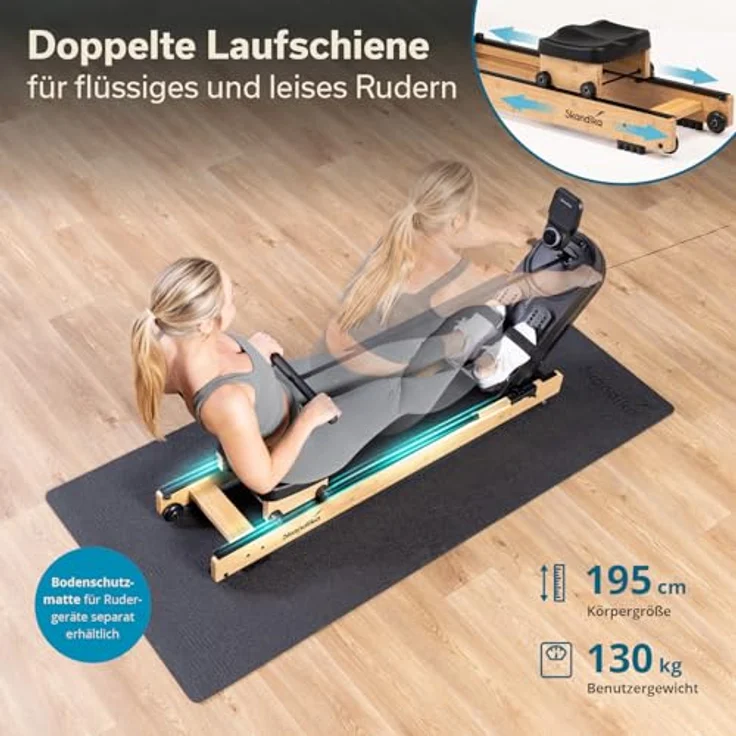 Skandika Rudergerät Rovek, klappbare Rudermaschine aus Holz mit Magnetwiderstand (32 Stufen), Kinomap App kompatibel, für Nutzer bis 195 cm, hellbraun – Bild 3