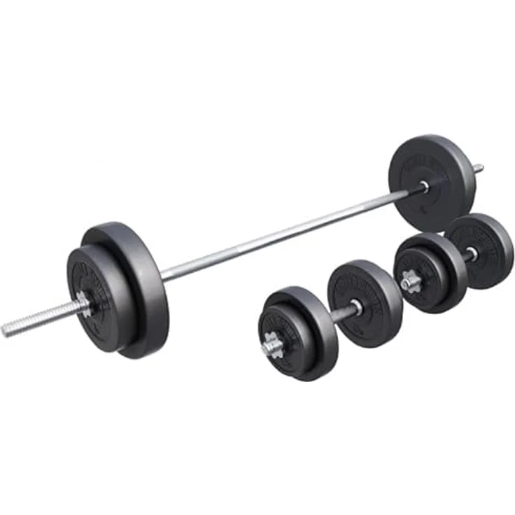 GORILLA SPORTS® Langhantel Set - 60kg, 100kg oder 130kg, Langhantelstange 170cm, 2 Kurzhanteln, Hantelscheiben aus Kunststoff, 30mm, mit Sternverschlüssen - Hantelset, Langhanteln, Gewichten, Fitness – Bild 1