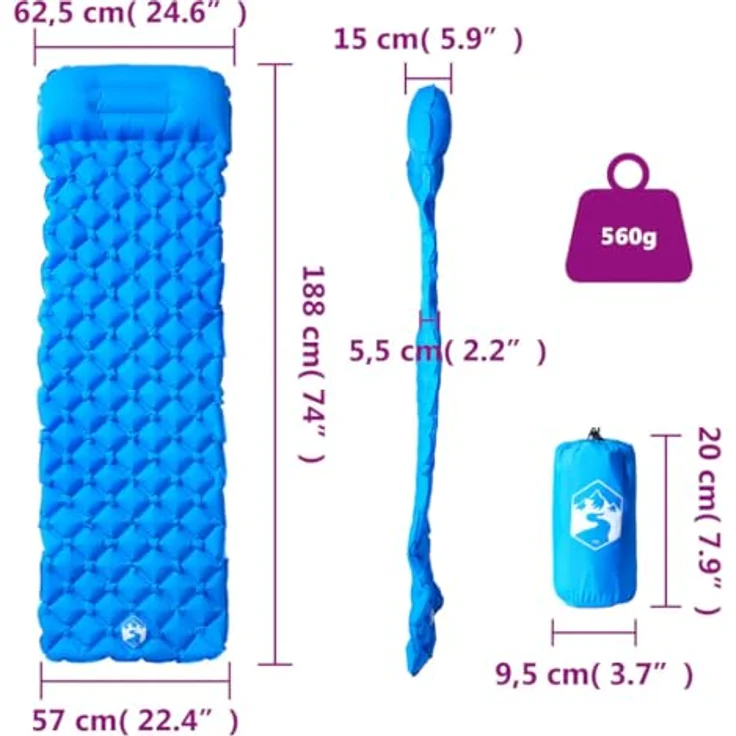 vidaXL Isomatte, Luftmatratze mit Integriertem Kissen und Tragetasche, Campingmatte Aufblasbar Tragbar Wasserfest, Blau 40D-Nylon – Bild 5