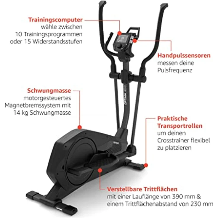 Kettler Crosstrainer Optima 400 | 14 kg Schwungmasse | 10 Trainingsprogramme | 15 Widerstandsstufen | Magnetbremssystem | Transportrollen | Hohe Gewichtsbelastung von 130kg | Herzfrequenzprogramm – Bild 5
