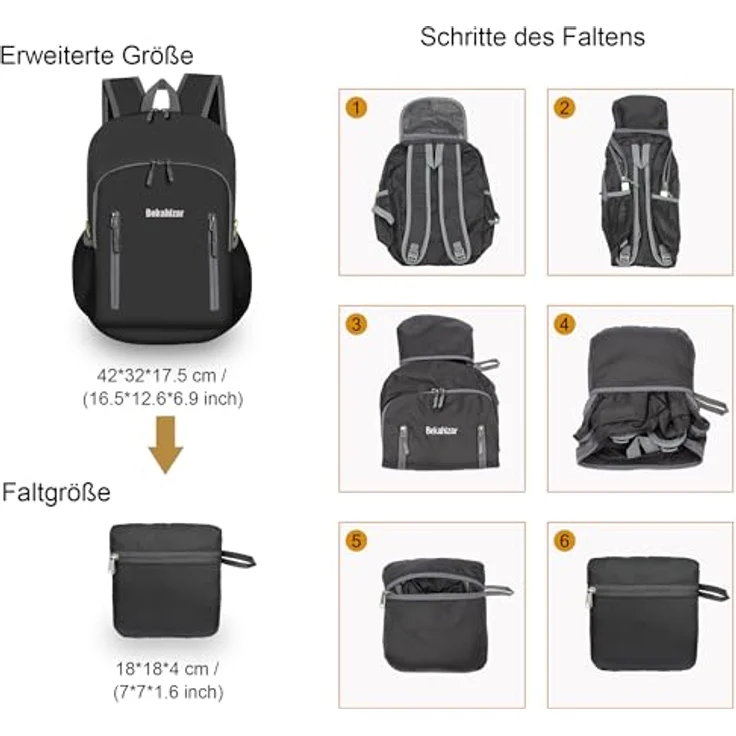 Bekahizar 20L Faltbarer Rucksack, ultraleicht und wasserfest für Herren, Damen und Kinder, ideal für Outdoor-Aktivitäten, schwarz – Bild 3