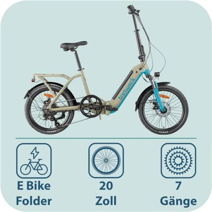 Tretwerk Camper E-Bike Klapprad 20 Zoll, 468 Wh Pedelec für Damen und Herren, beige/türkis – Bild 2