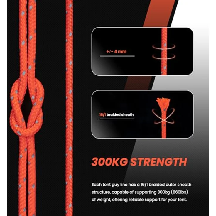 Abma Cord Abspannseile, Zeltseilset mit 6 Seilspannern, 4mm Durchmesser, 30 Meter, reflektierende Neon Orange, 300 kg Bruchlast, UV-beständig – Bild 2