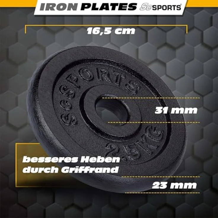ScSPORTS® Kurzhantel Set - 65 KG (8x5 + 8x2.5 + 4x1.25), Gusseisen, 30mm, Kreuzgeriffelte Griffflächen – Bild 4