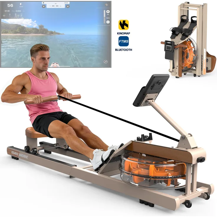 VOWVIT Wasserrudergerät klappbar, Bluetooth-Display, immersives Training, Champagnerfarben/Schwarz, 98% vormontiert, max. Tragfähigkeit 160 kg