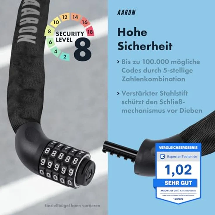 AARON Lock One Fahrradschloss, 5-stelliger Zahlencode Kettenschloss aus gehärtetem Stahl, hohe Sicherheitsstufe, 100 cm lang, schwarz – Bild 4