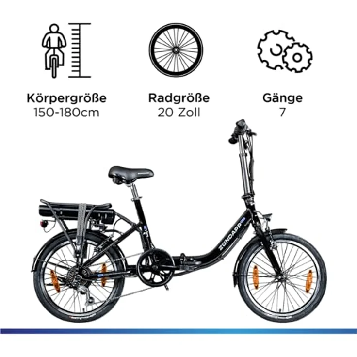 ZÜNDAPP E Bike Elektro Klapprad 20 Zoll | Klappfahrrad Erwachsene 150-185 cm | E-Bike Elektrofahrrad 7 Gänge 21,1 kg Ebike Herren Damen klappbar Fahrrad Z110 (schwarz, 33 cm) - Preisvergleich – Bild 3