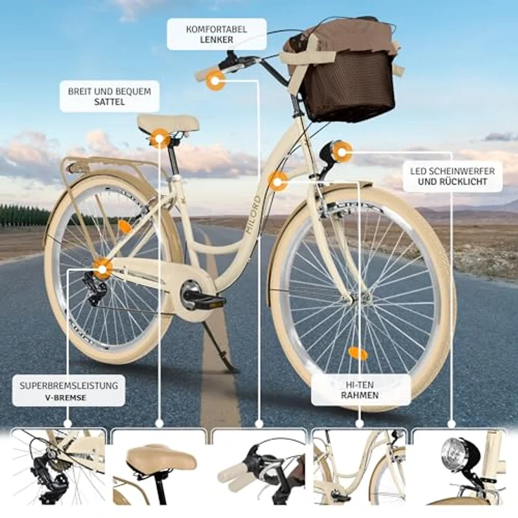 Milordbikes City-Fahrrad, Creme, 46 cm, Metall, Freizeit mit Aluminiumfelgen und hinterem Träger – Bild 2