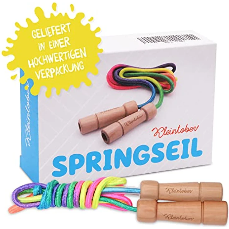 KLEINTOBER Premium Springseil Kinder, verstellbares Hüpfseil Set mit Mitteverstärker, 220 cm, Regenbogen, inklusive Anleitung und personalisierter Urkunde – Bild 5
