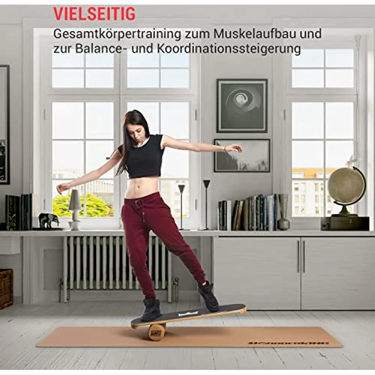 BoarderKING Indoorboard - Balance Board für Indoor-Surfen und Skaten, Gleichgewichtsboard für NeuroMuscular Response Training, inkl. Schutzmatte, 100 mm x 33 cm (∅ x L), schwarz – Bild 2
