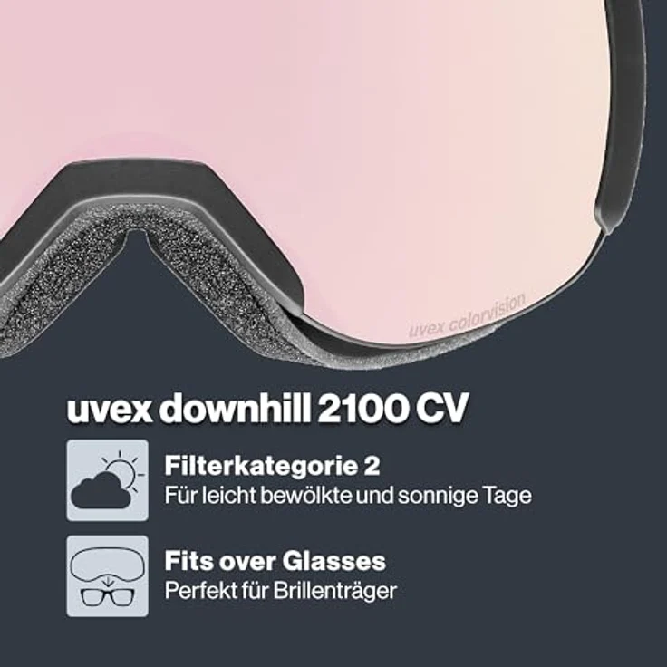 Uvex downhill 2100 CV, kontrastverstärkende Skibrille mit schmalem Rahmen und extra weitem Sichtfeld, black/rose-green, one size – Bild 2