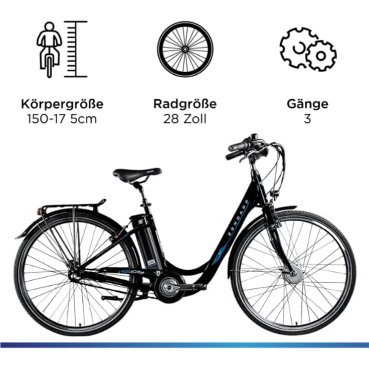 ZÜNDAPP Green 2.7 28 Zoll E Bike Damen Elektrofahrrad mit Rücktrittbremse, 3 Gang Schaltung, 374 Wh Akku (schwarz/blau) – Bild 3