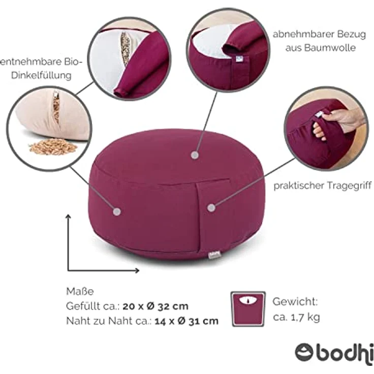 Bodhi Meditationskissen Rondo ECO | Yogakissen mit Bio Dinkelfüllung | Bezug aus 100% Baumwolle | Waschbarer Bezug mit praktischer Trageschlaufe | Höhe 20 cm (aubergine) - Preisvergleich – Bild 3
