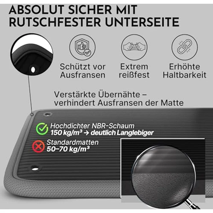 NEOLYMP extra dicke Fitnessmatte, rutschfest mit Aufhänge-Ösen, inkl. Tragegurt & E-Book, 183 × 61 cm, grau – Bild 3