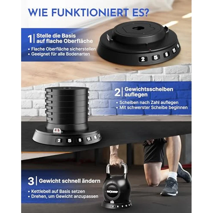 NEOLYMP 7-in-1 Kettlebell Set 1,5-20 kg, verstellbare Kugelhantel mit robustem Edelstahl-Handgriff und Sicherheitsmechanismus – Bild 6