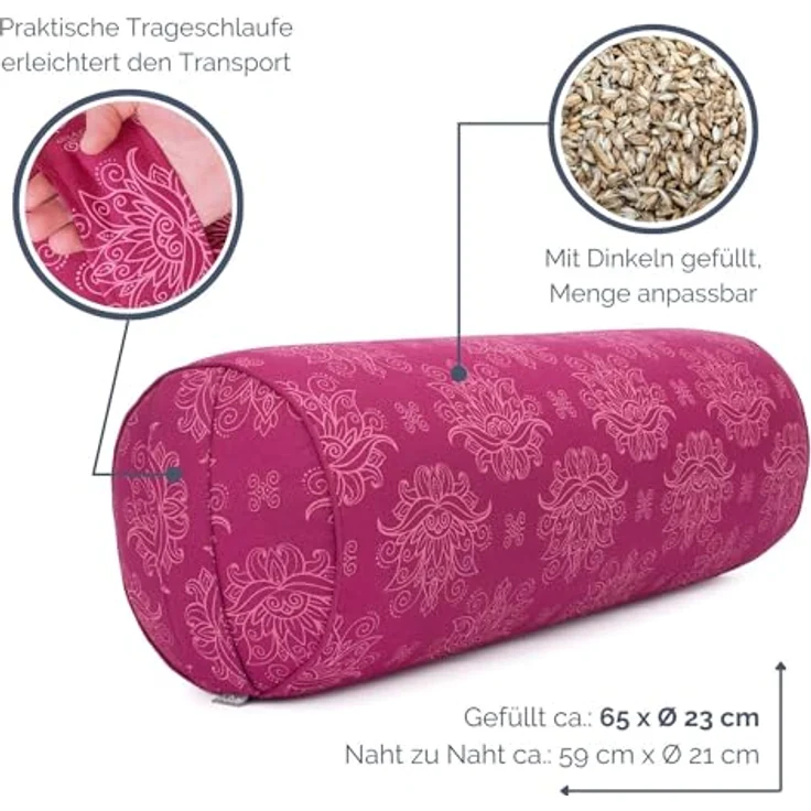 Bodhi Yoga Bolster Ø 23 cm | Maharaja Collection | Abnehmbarer & Waschbarer Bezug aus 100% Baumwolle | Yogarolle mit Bio-Dinkelfüllung | Yogakissen für Restorative & Yin Yoga (Lotus/Berry) – Bild 2