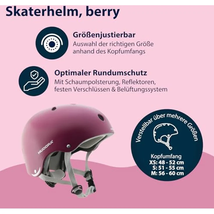 Hudora Velohelm 52 cm, Skaterhelm mit stoßfester ABS-Schale, EPS-Schaumpolsterung und 11 Air-Vent-Belüftungsöffnungen, berry – Bild 2