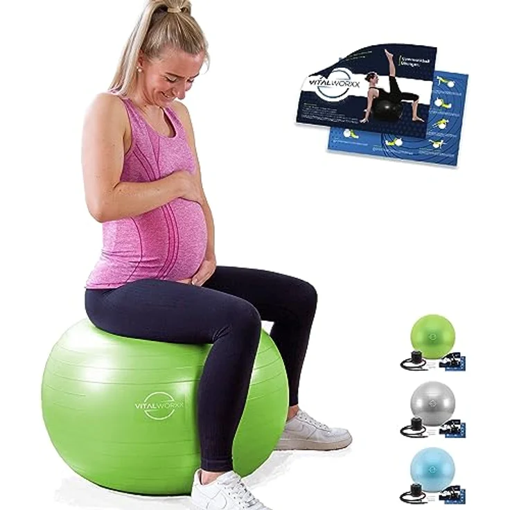 VITALWORXX Gymnastikball für Schwangere, extrem stabil, Sitzball Yogaball Pezziball 65 cm mit Pumpe, mit Übungen für Schwangerschaft, Geburt, Gesundheit, – Bild 1