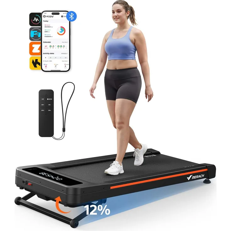 Merach Leises Laufband 3,5 PS bürstenlos bis 180 kg, 12 % Steigung, Dämpfungssystem, LED-Display, App & Fernbedienung, 95 % vormontiert, für Zuhause & Büro
