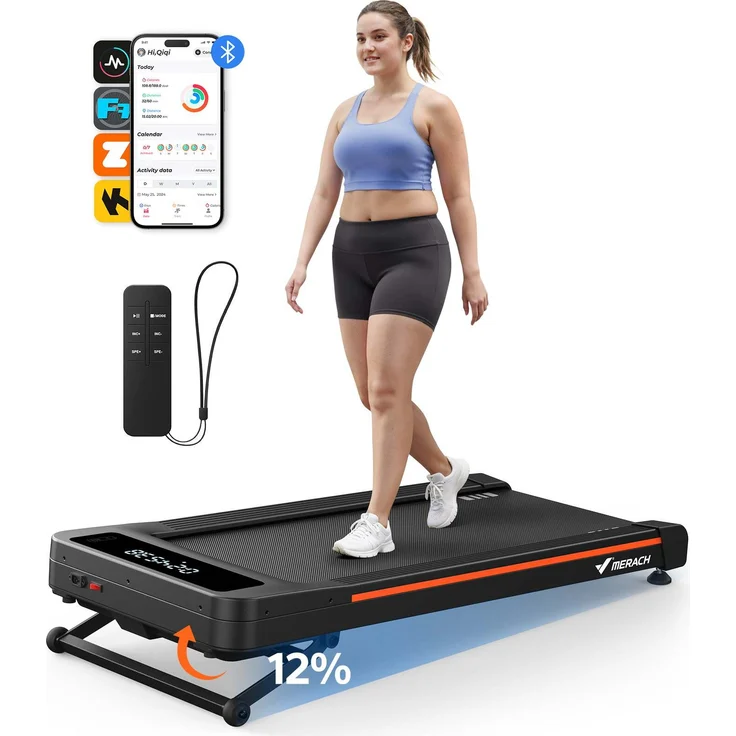 Merach Leises Laufband 3,5 PS bürstenlos bis 180 kg, 12 % Steigung, Dämpfungssystem, LED-Display, App & Fernbedienung, 95 % vormontiert, für Zuhause & Büro