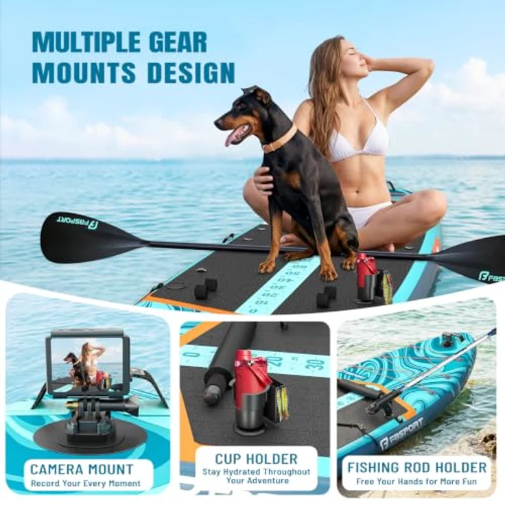FBSPORT Aufblasbares SUP Board, Stand Up Paddling Board, 15CM dick, inkl. verstellbarem Aluminium SUP Paddel und Pumpe, Blau Orange – Bild 5