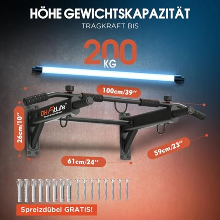DH FitLife 4in1 Klimmzugstange Wand zur Wandmontage, Multifunktionale Pull-Up Bar für Zuhause bis 200kg | 6 rutschfeste Griffe | 3 Öse für Boxsack & Schlingentrainer | Sicher & Stabil, Schwarz – Bild 2