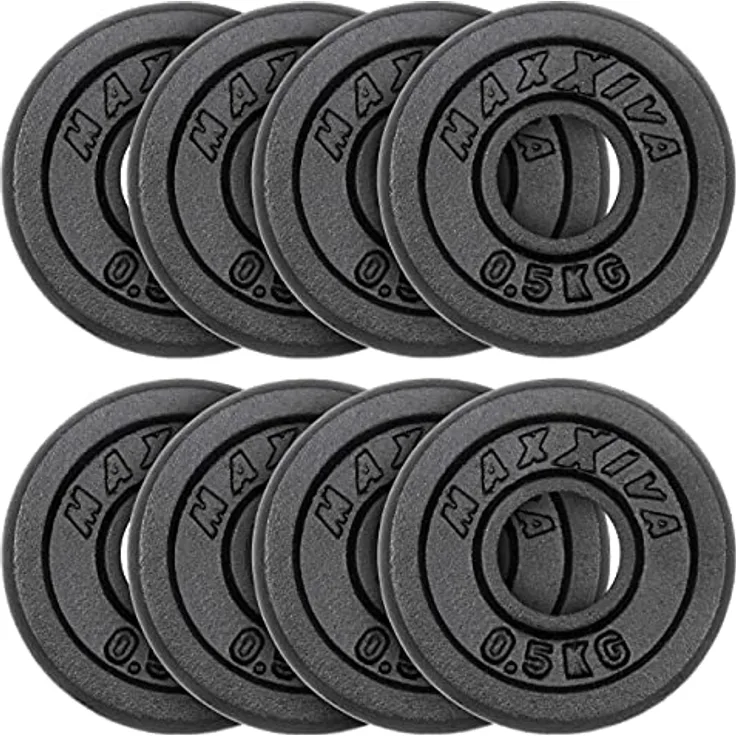 MAXXIVA Hantelscheiben 8er Set Gewichtsplatte je 0,5 kg Gusseisen schwarz 4 kg Fitness Krafttraining Bodybuilding Workout Gewichtheben Reha-Sport