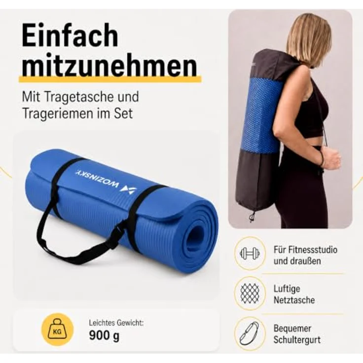 Wozinsky Yogamatte WNSP-BLAC, 0,9 cm dick, rutschfest und formstabil, inkl. Tragegurt und Tasche – Bild 5