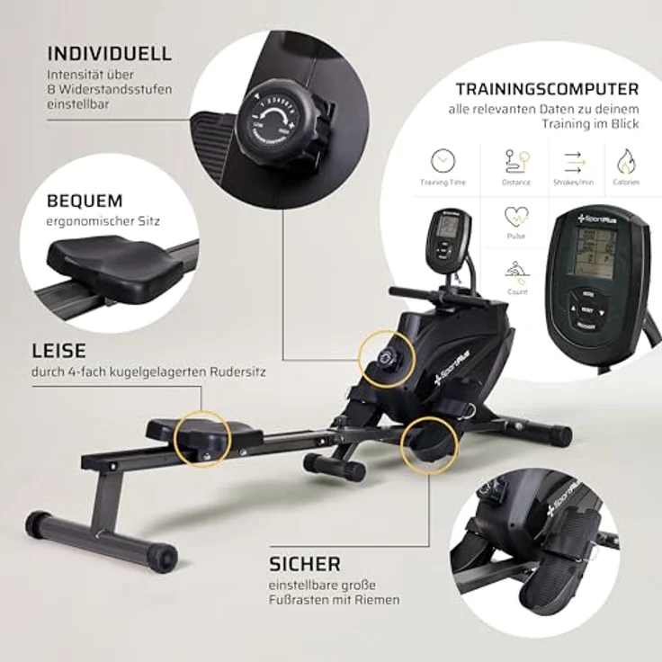 SportPlus Rudergerät für zuhause klappbar - extra leises Magnetbremssystem, Indoor Rudermaschine Fitness - TÜV SÜD Zertifiziert, bis 150kg – Bild 4