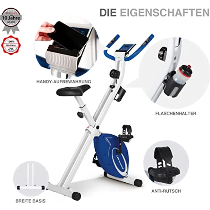 Ultrasport F-Bike, F-Rider Basics, Fahrradtrainer, Fitnessfahrrad LCD Trainingscomputer, klappbarer Heimtrainer, Maximales Benutzergwicht 110kg, Pulsmessung, 8 Widerstandsstufen, Trimmrad, Navy – Bild 5